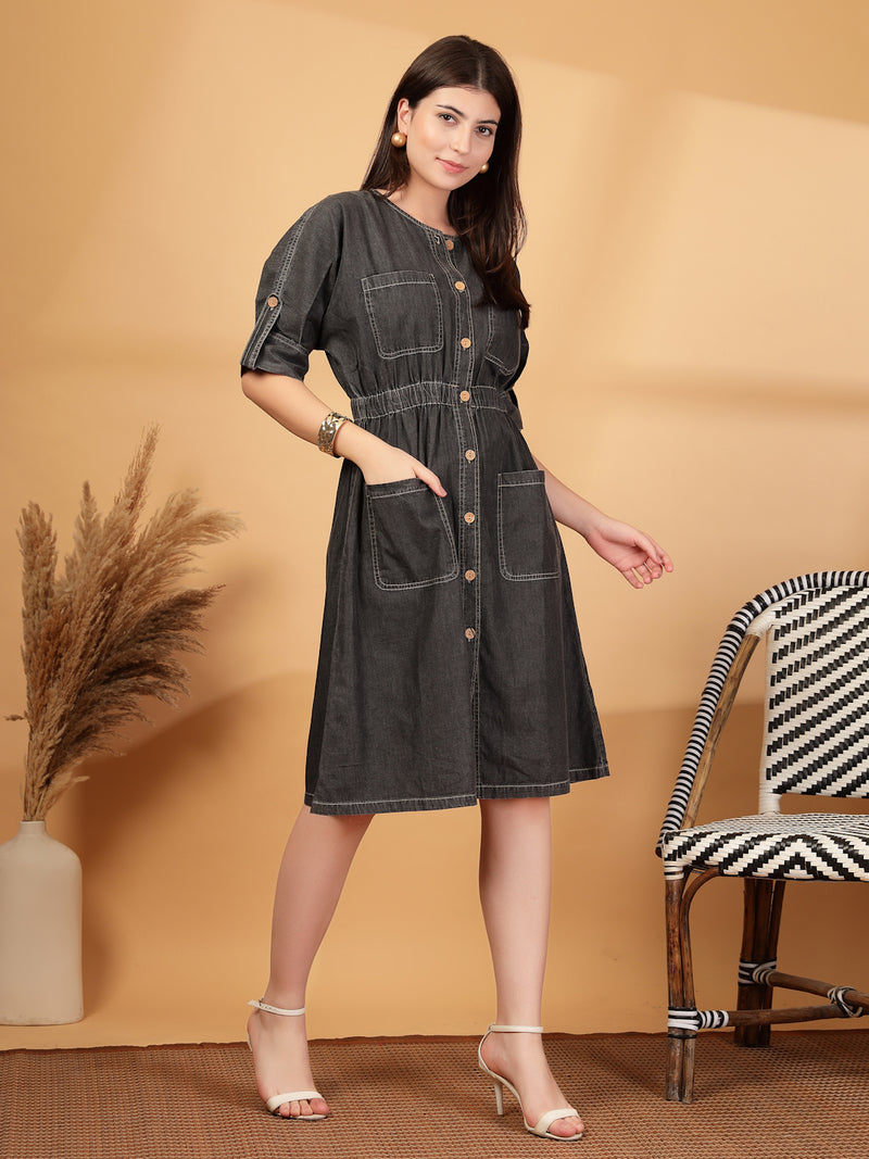 Grey Denim Shirt Dress for Women with A-Line Fit