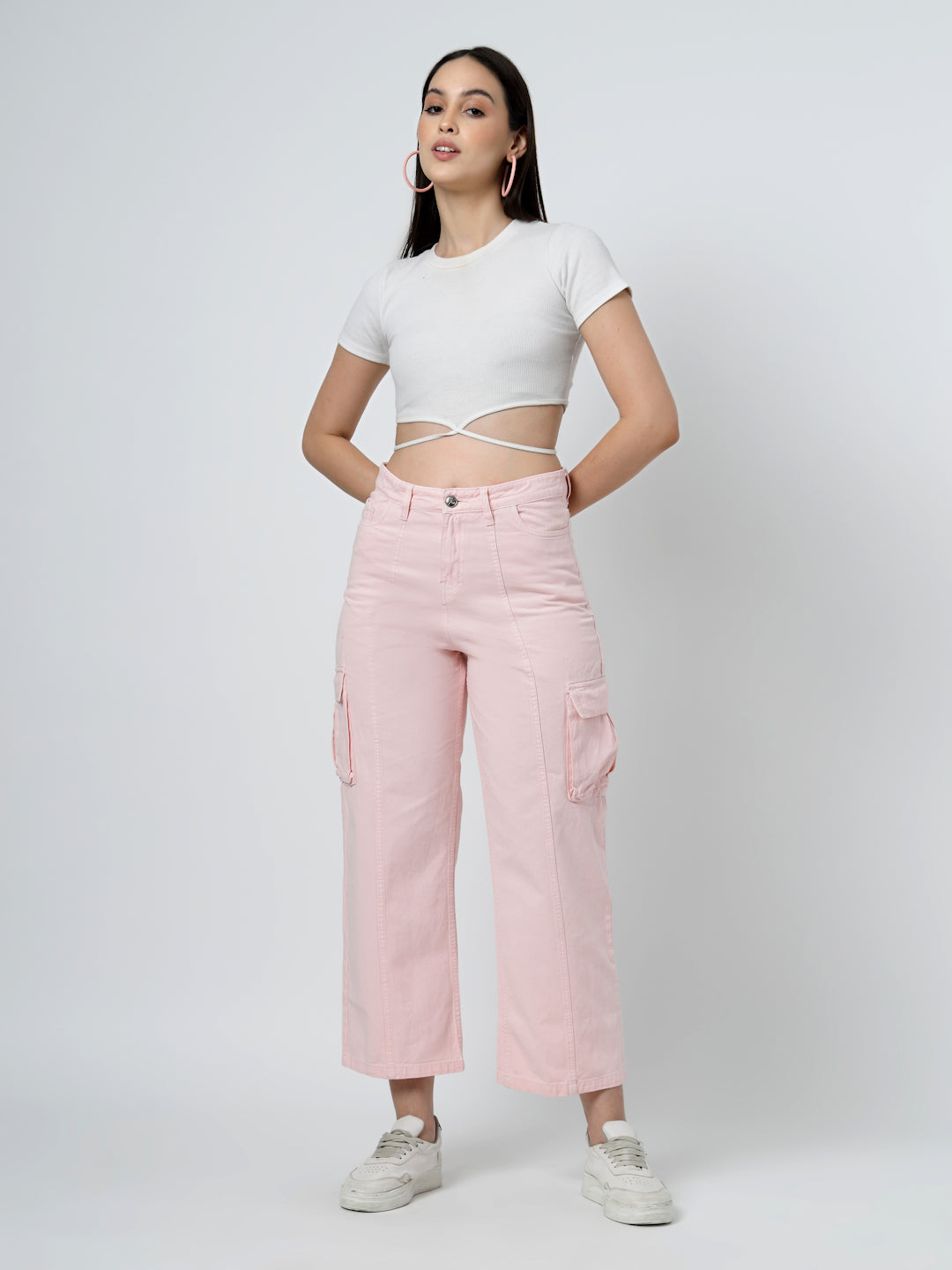 Solid Cotton Relaxed Straight Leg Loose Fit Cargos Trousers