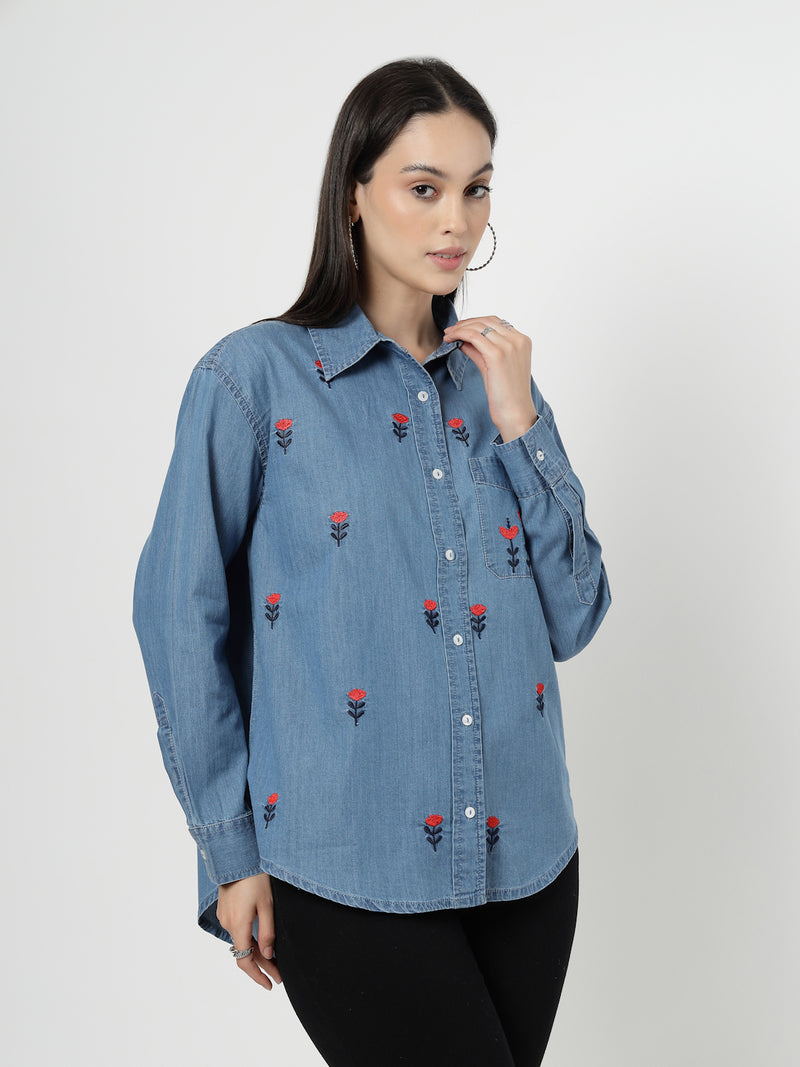 Women Blue Embroidered Denim Shirt