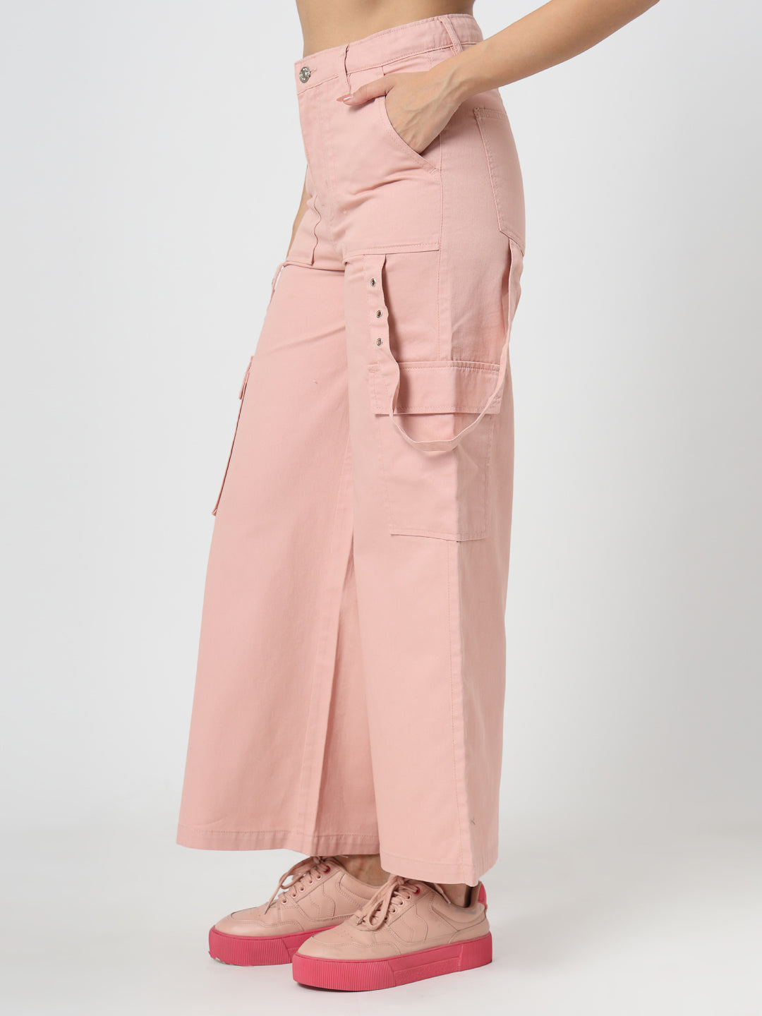 Pink Cotton Loose Fit Cargo Pants Women
