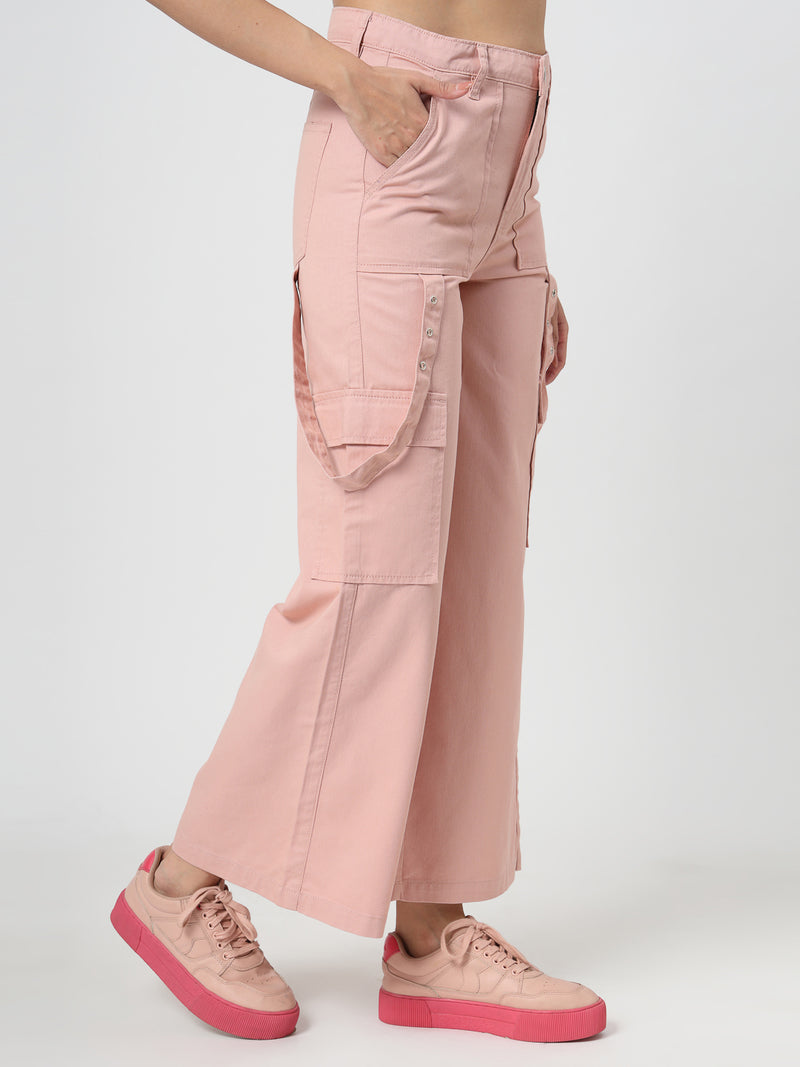 Pink Cotton Loose Fit Cargo Pants Women