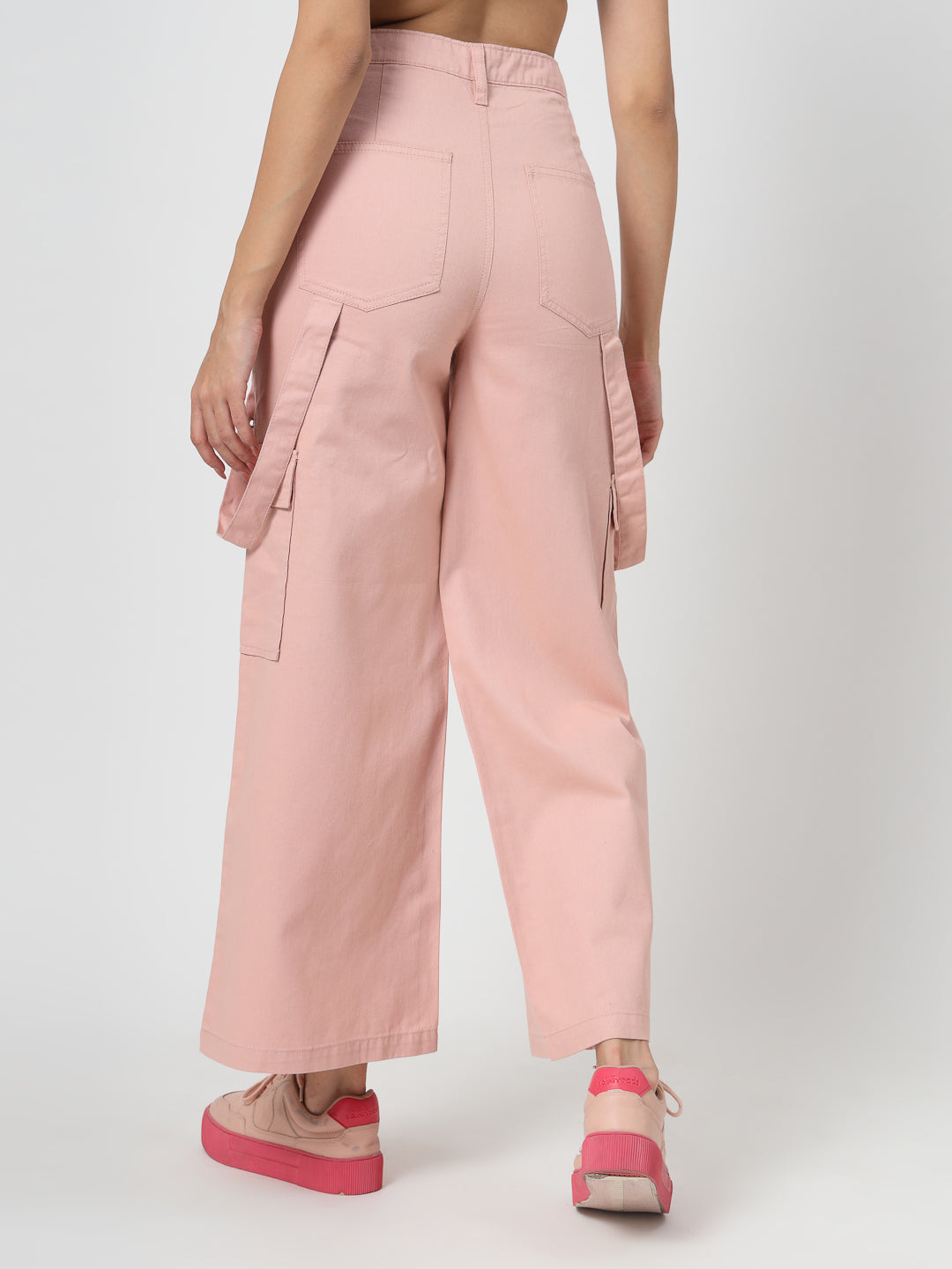 Pink Cotton Loose Fit Cargo Pants Women