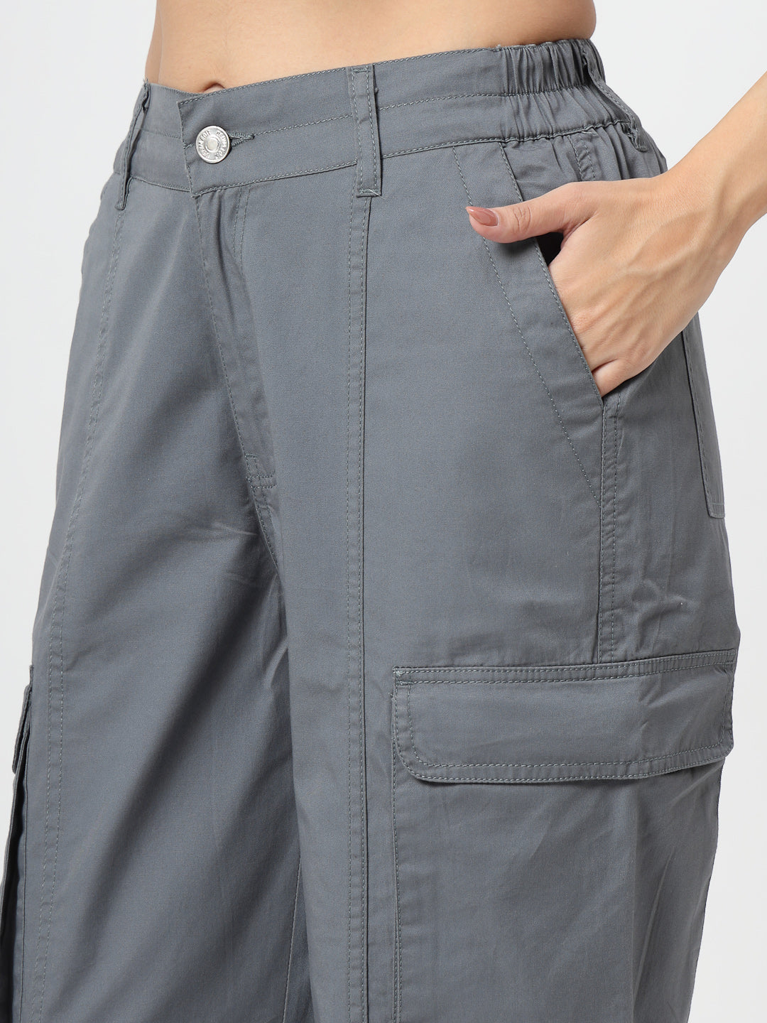 Grey Cotton Loose Fit Cargo Pants Women