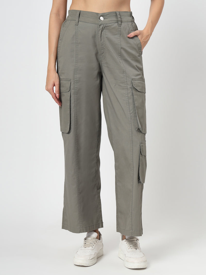 Olive Cotton Loose Fit Cargo Pants Women