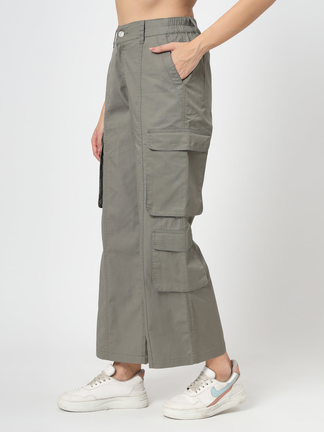 Olive Cotton Loose Fit Cargo Pants Women