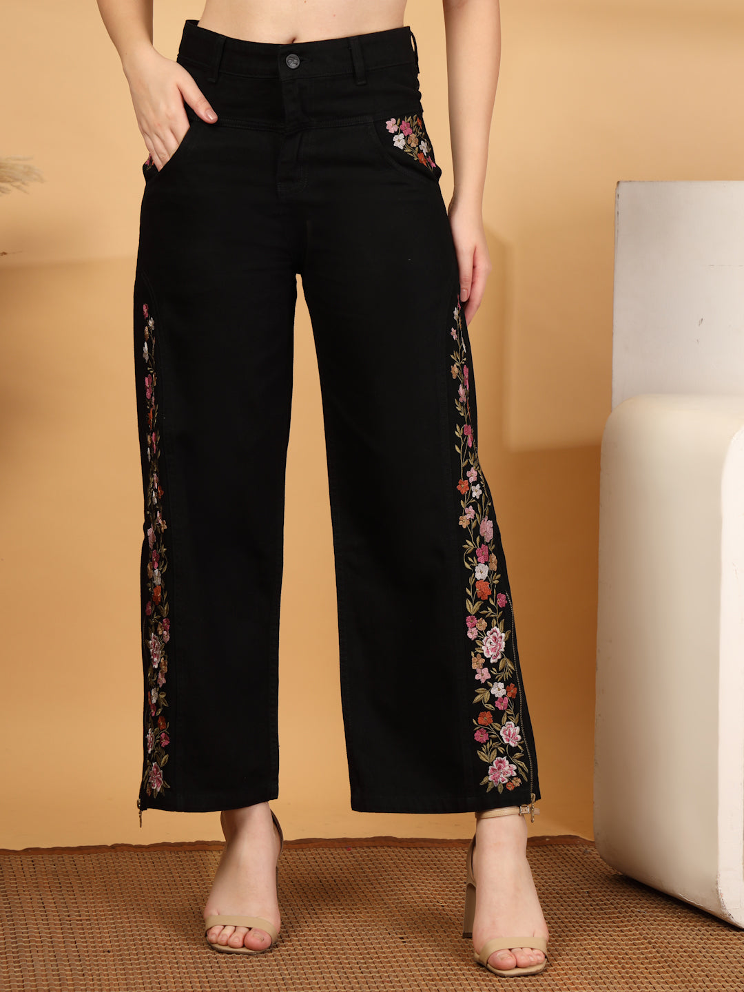 Wide Leg High-Rise Embroidered Jeans