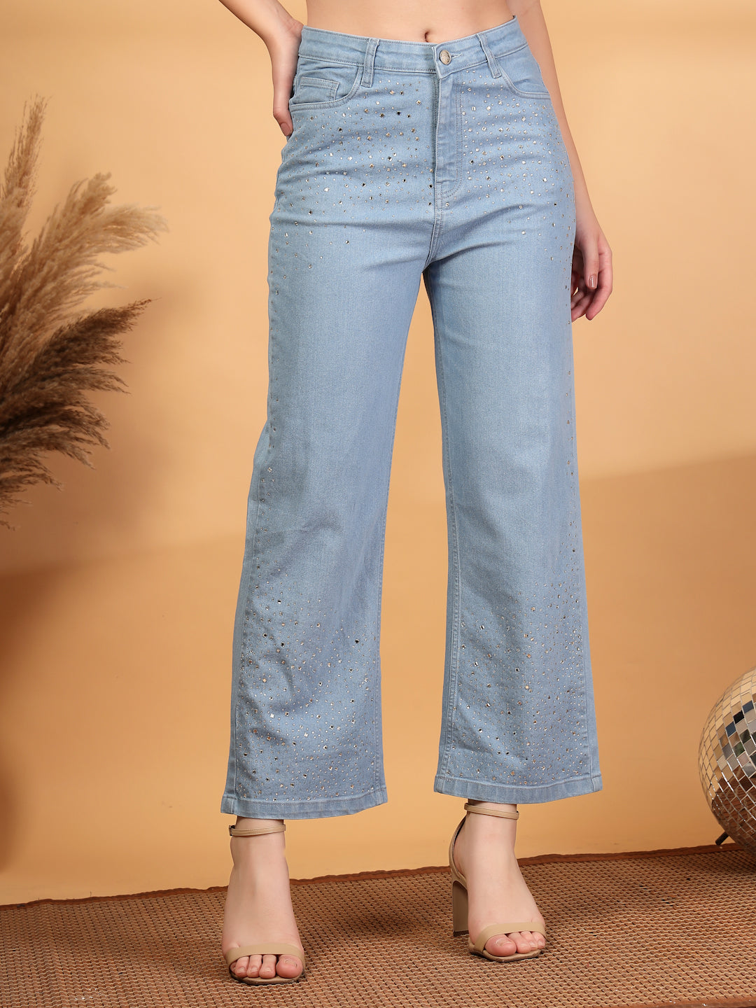 Wide Leg High-Rise Embellished Stretchable Jeans