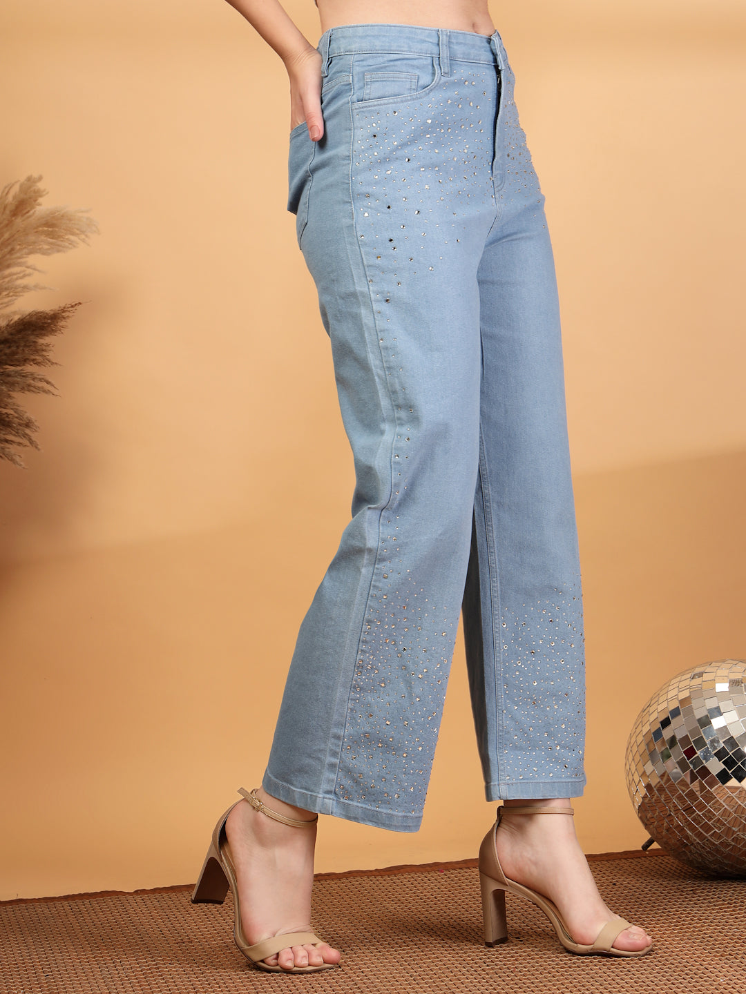 Wide Leg High-Rise Embellished Stretchable Jeans