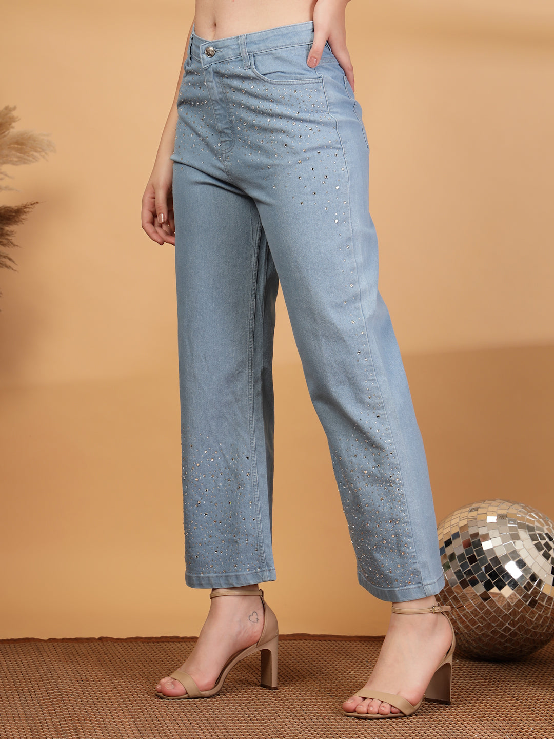 Wide Leg High-Rise Embellished Stretchable Jeans