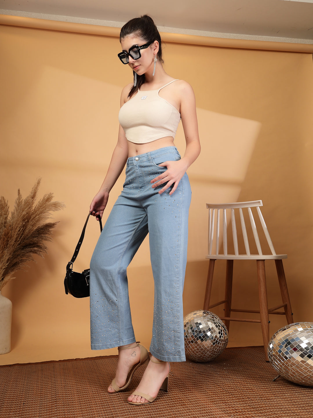 Wide Leg High-Rise Embellished Stretchable Jeans