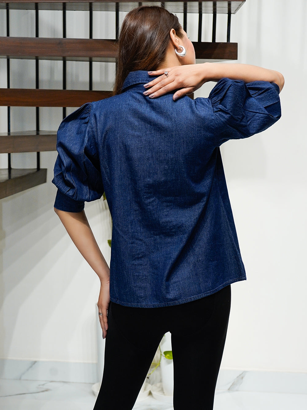 Embroidered Blue Denim Shirt with Puff Sleeve - Main Image