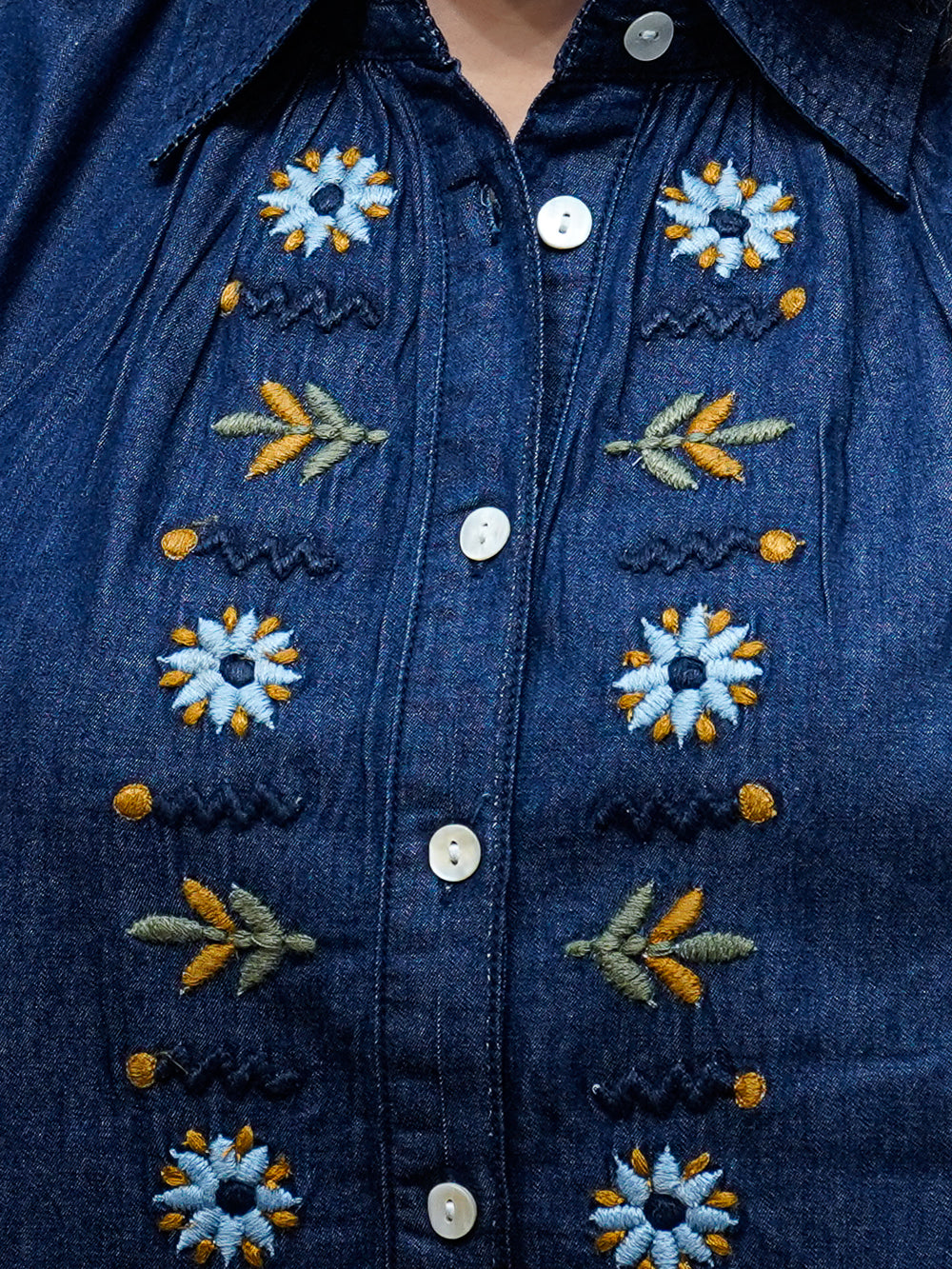 Embroidered Blue Denim Shirt with Puff Sleeve - Cosmic Trio