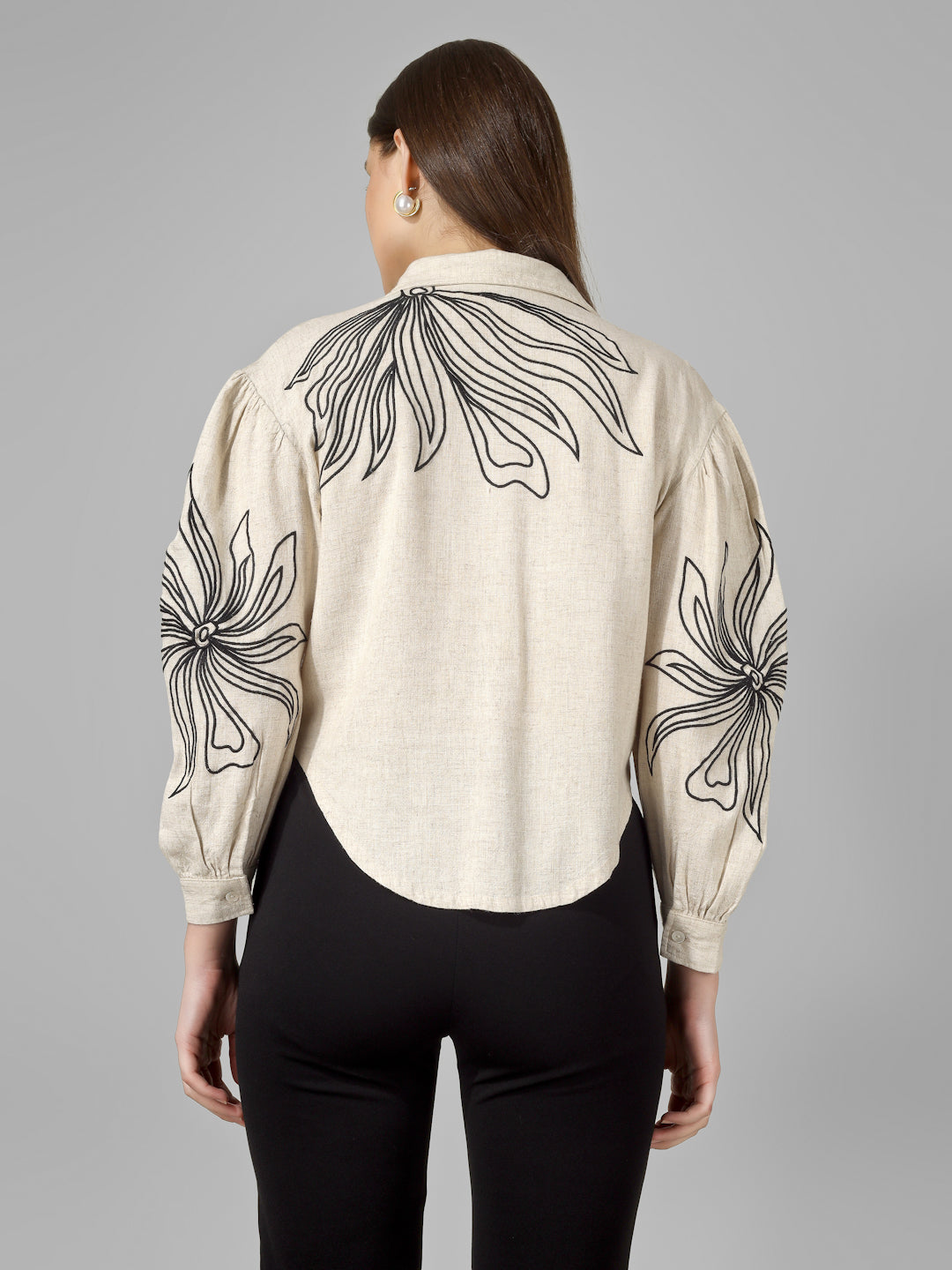 Beige Cotton Collared Loose Fit Full Sleeve Shirt Women