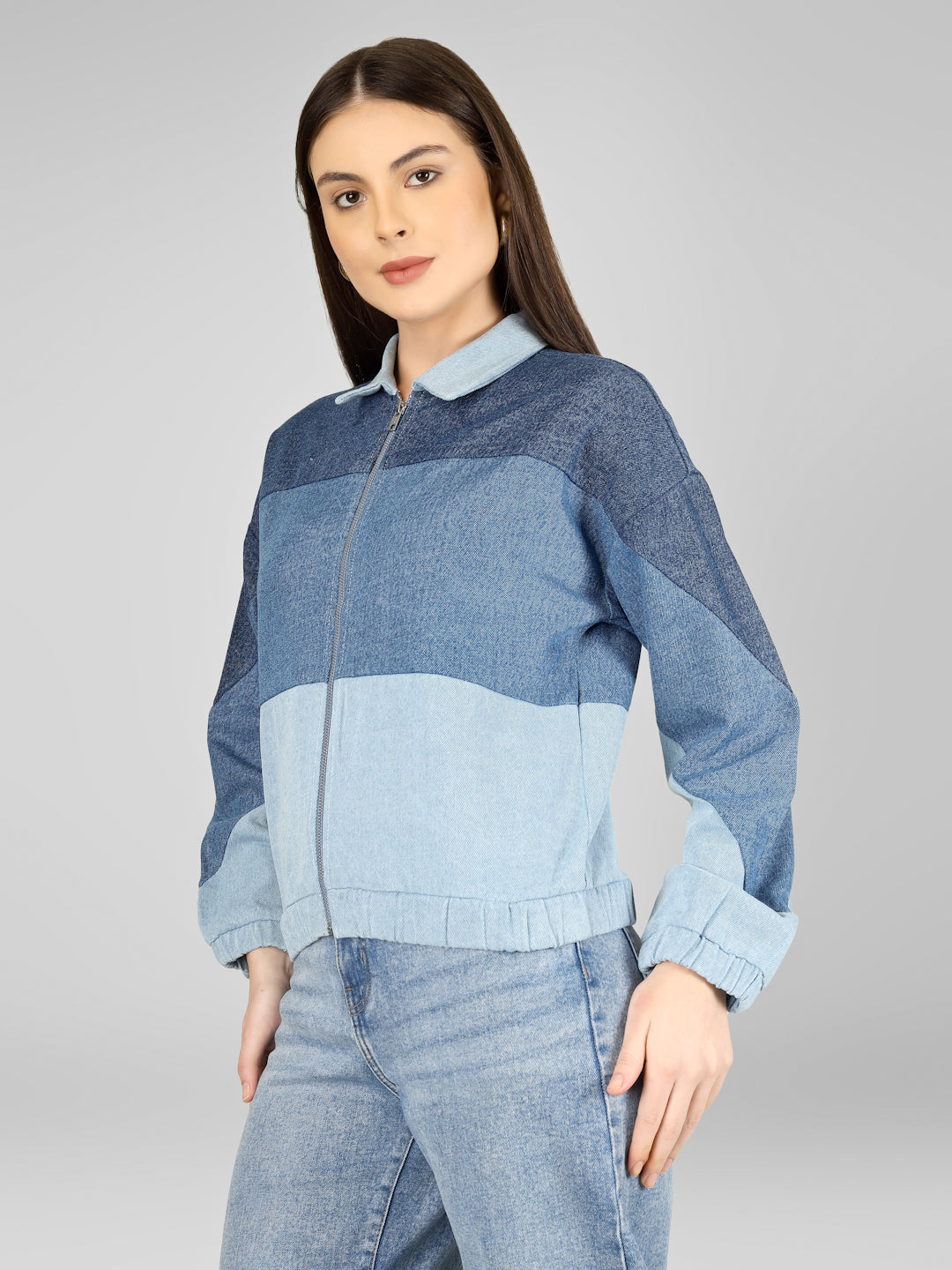 Women Colorblock Casual Oversized Blue Denim Jacket