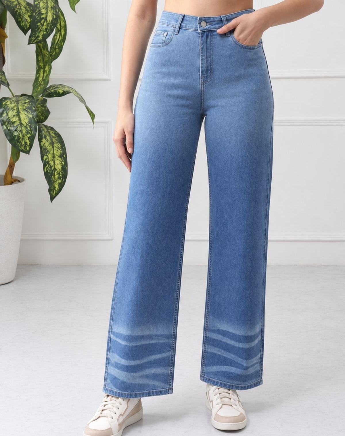 Women’s Blue Mid-Rise Wide Leg Jeans with Whisker Wash Detail