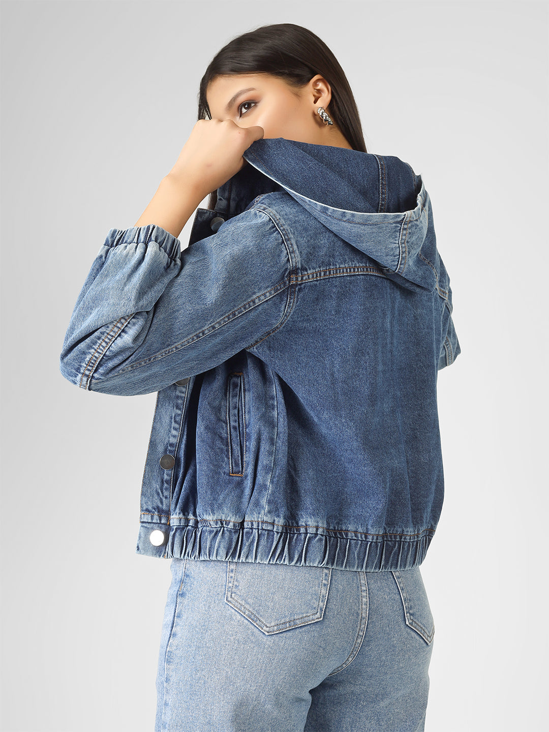 Blue Cotton Lycra Relaxed Loose Fit Hoodie Jacket Women