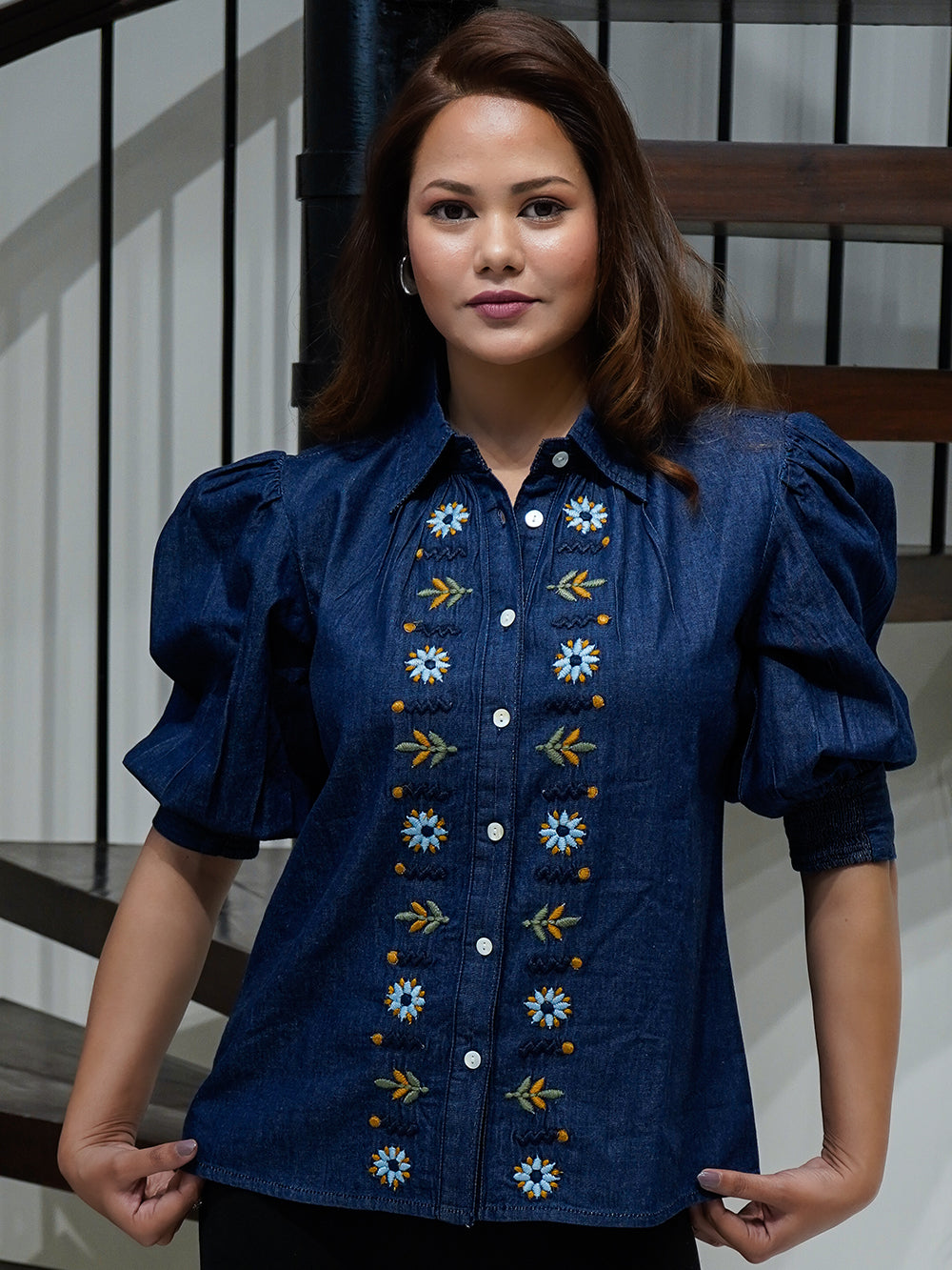 Embroidered Blue Denim Shirt with Puff Sleeve - Cosmic Trio