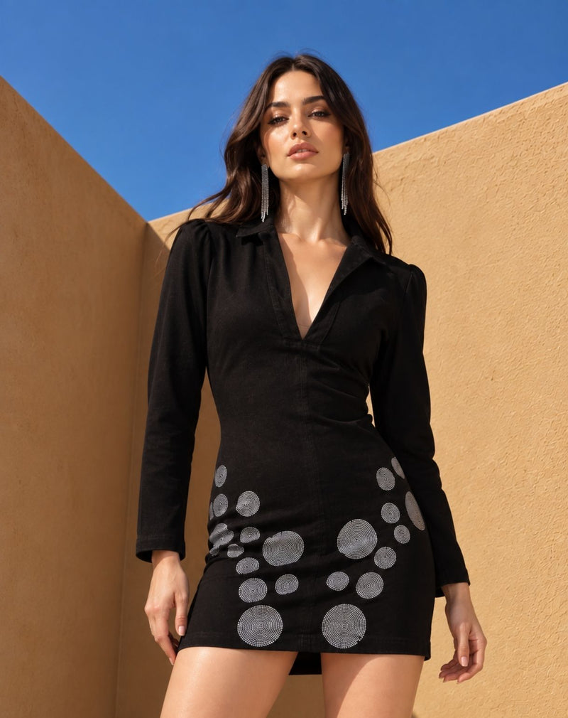 Women Black Swarovski Embroidered Work Dress – Full Sleeve Party Wear