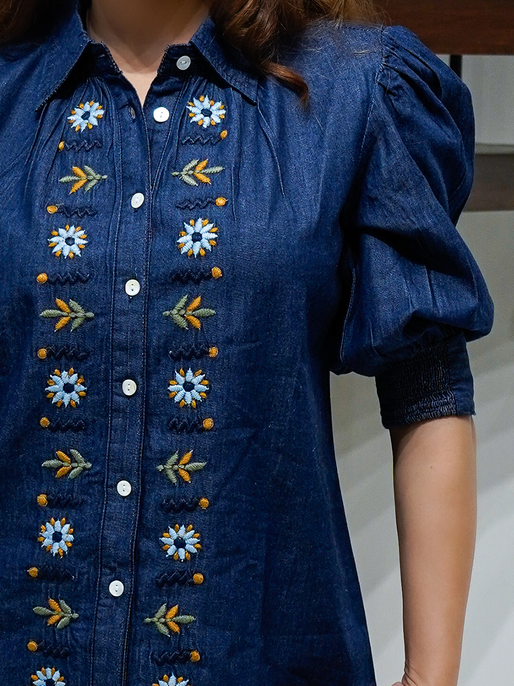 Embroidered Blue Denim Shirt with Puff Sleeve - Cosmic Trio