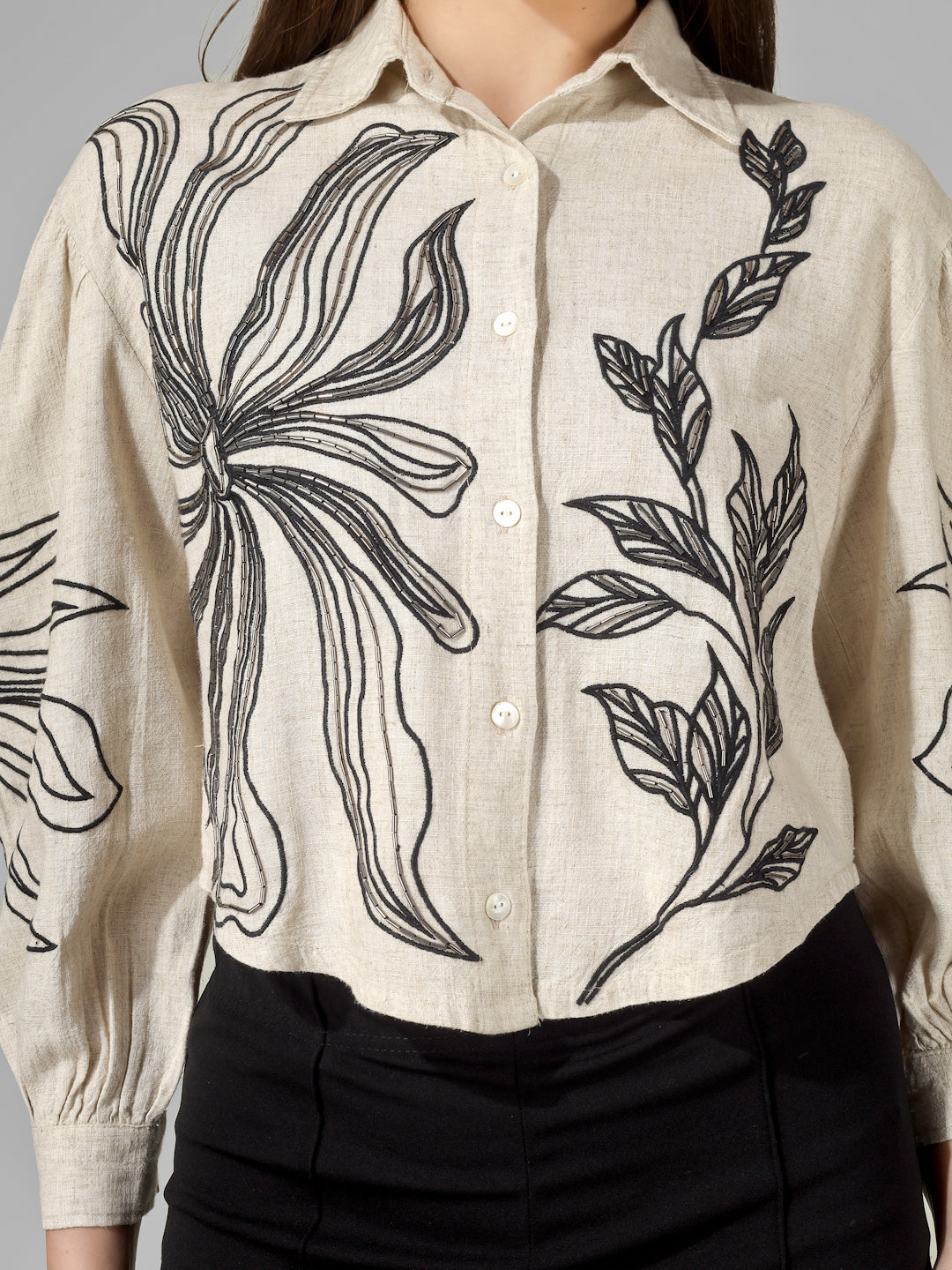 Beige Cotton Collared Loose Fit Full Sleeve Shirt Women