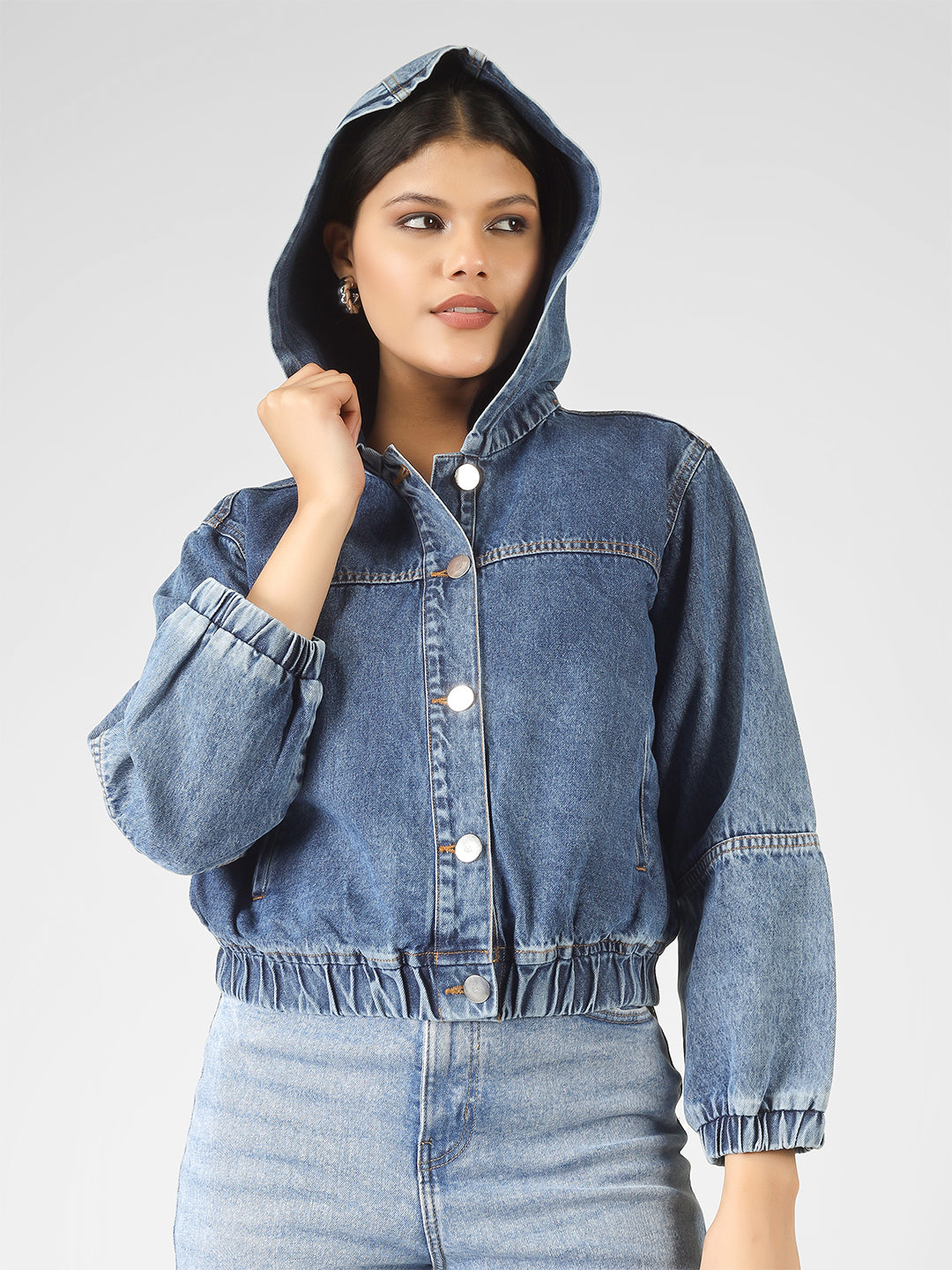 Blue Cotton Lycra Relaxed Loose Fit Hoodie Jacket Women