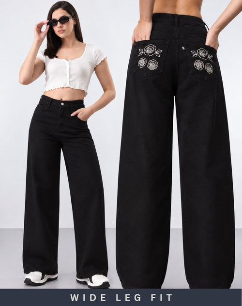 Women’s Black High-Rise Straight Fit Jeans with Floral Embroidered Pockets