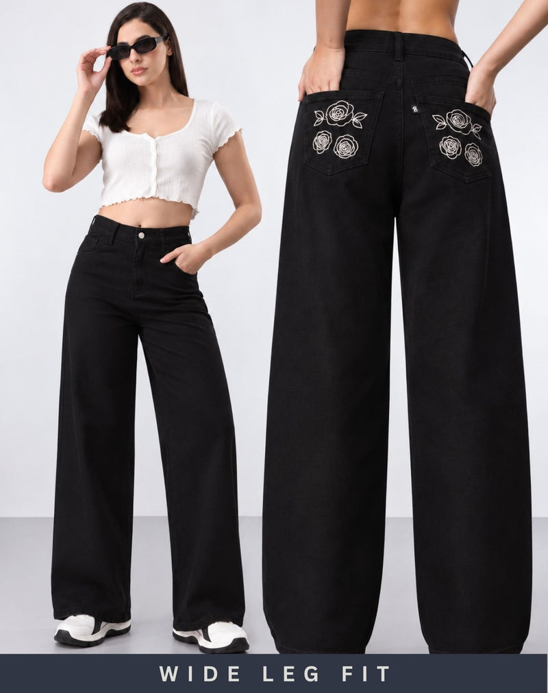 Women’s Black High-Rise Straight Fit Jeans with Floral Embroidered Pockets