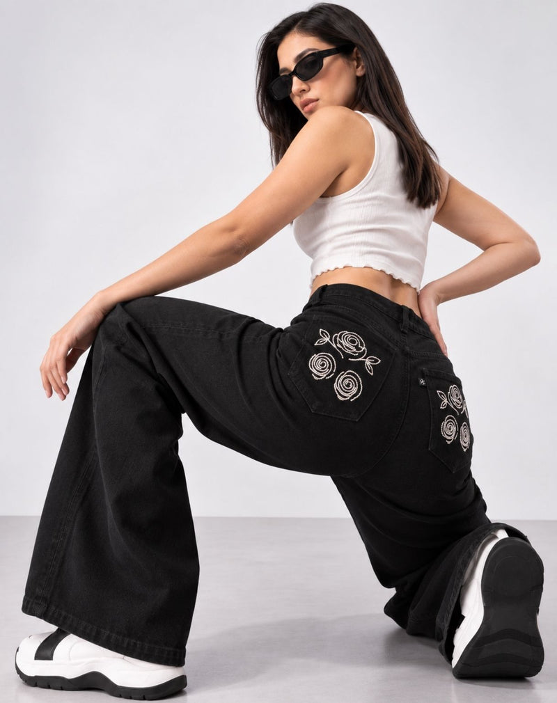 Women’s Black High-Rise Straight Fit Jeans with Floral Embroidered Pockets