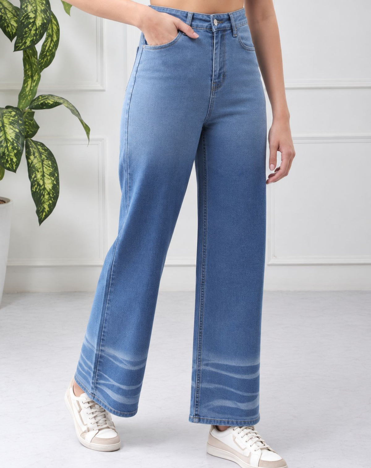 Women’s Blue Mid-Rise Wide Leg Jeans with Whisker Wash Detail