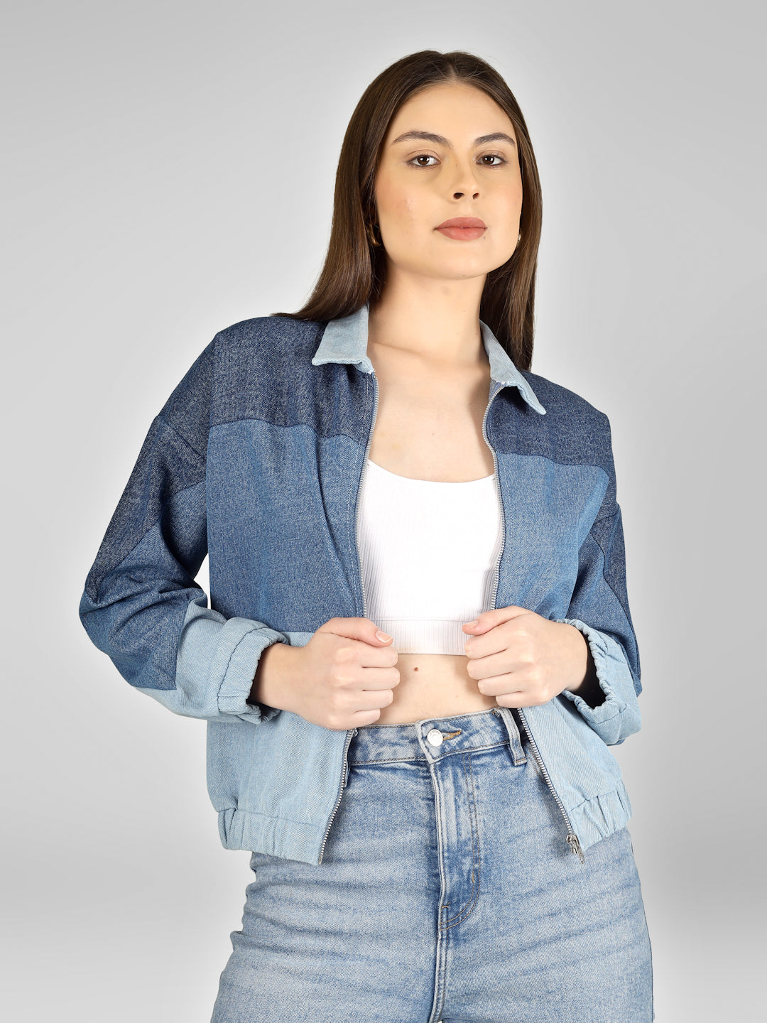 Women Colorblock Casual Oversized Blue Denim Jacket