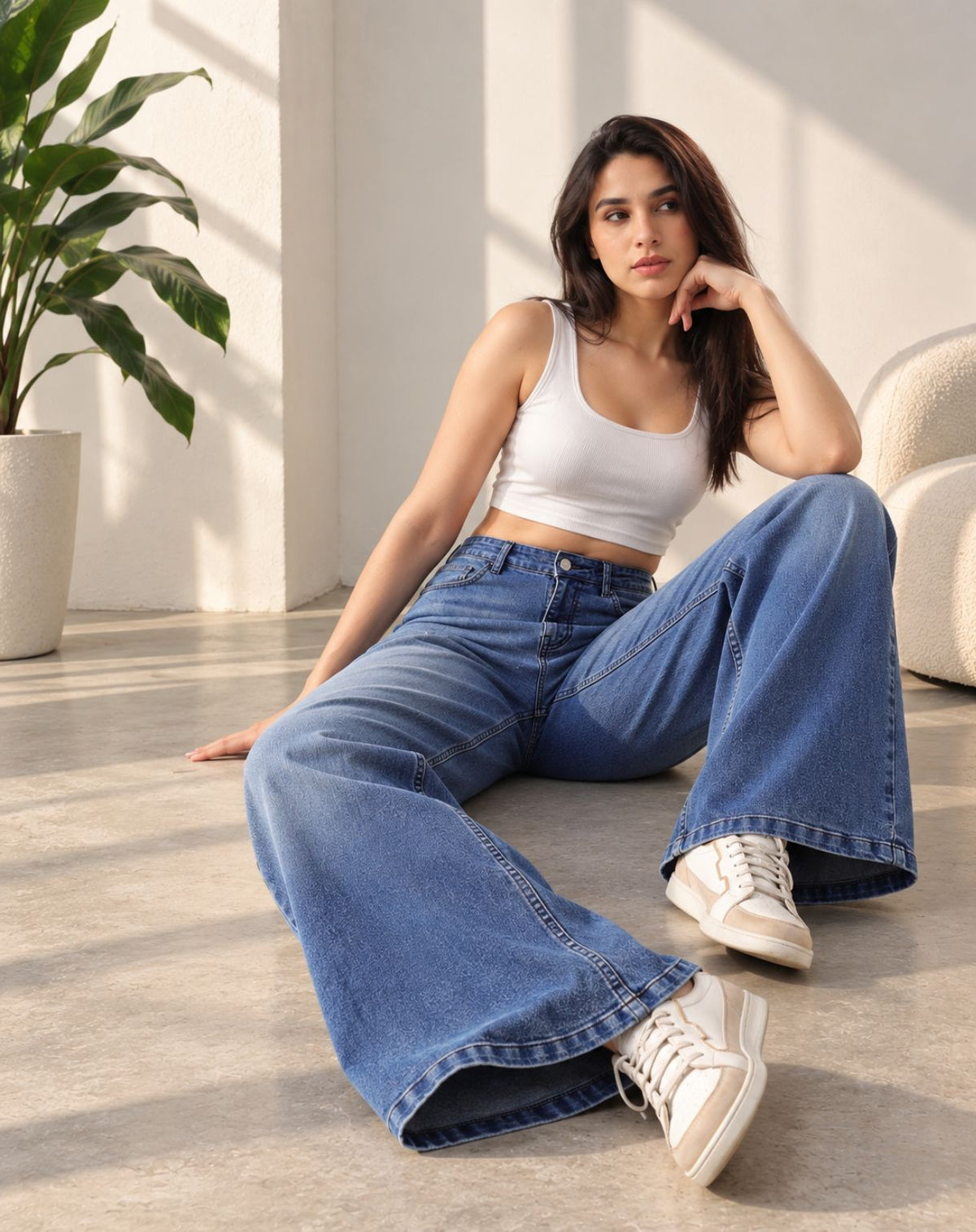 Women’s Light Blue Mid-Rise Wide-Leg Whisker Jeans