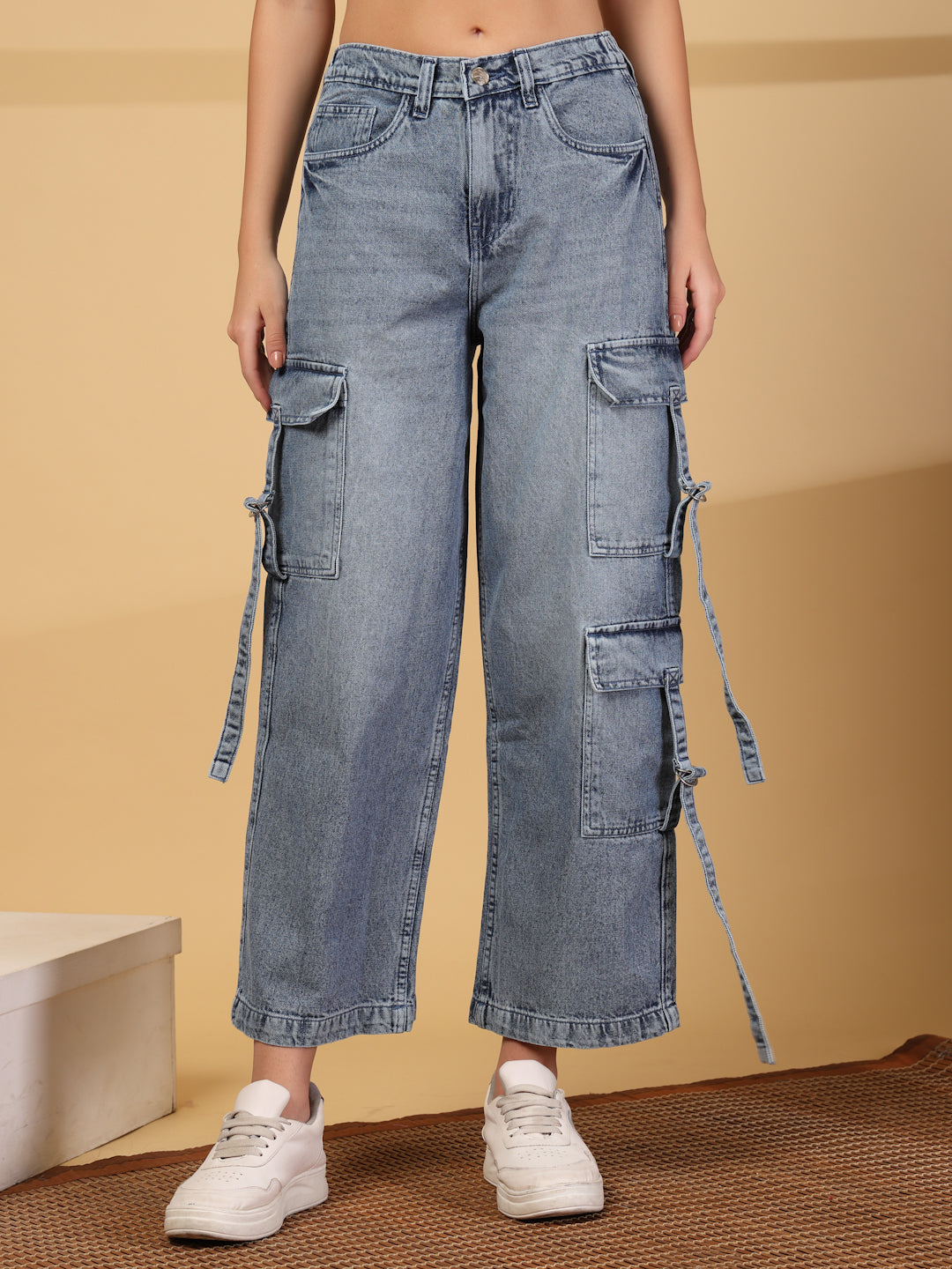 High-Rise Light Fade Cargo Jeans