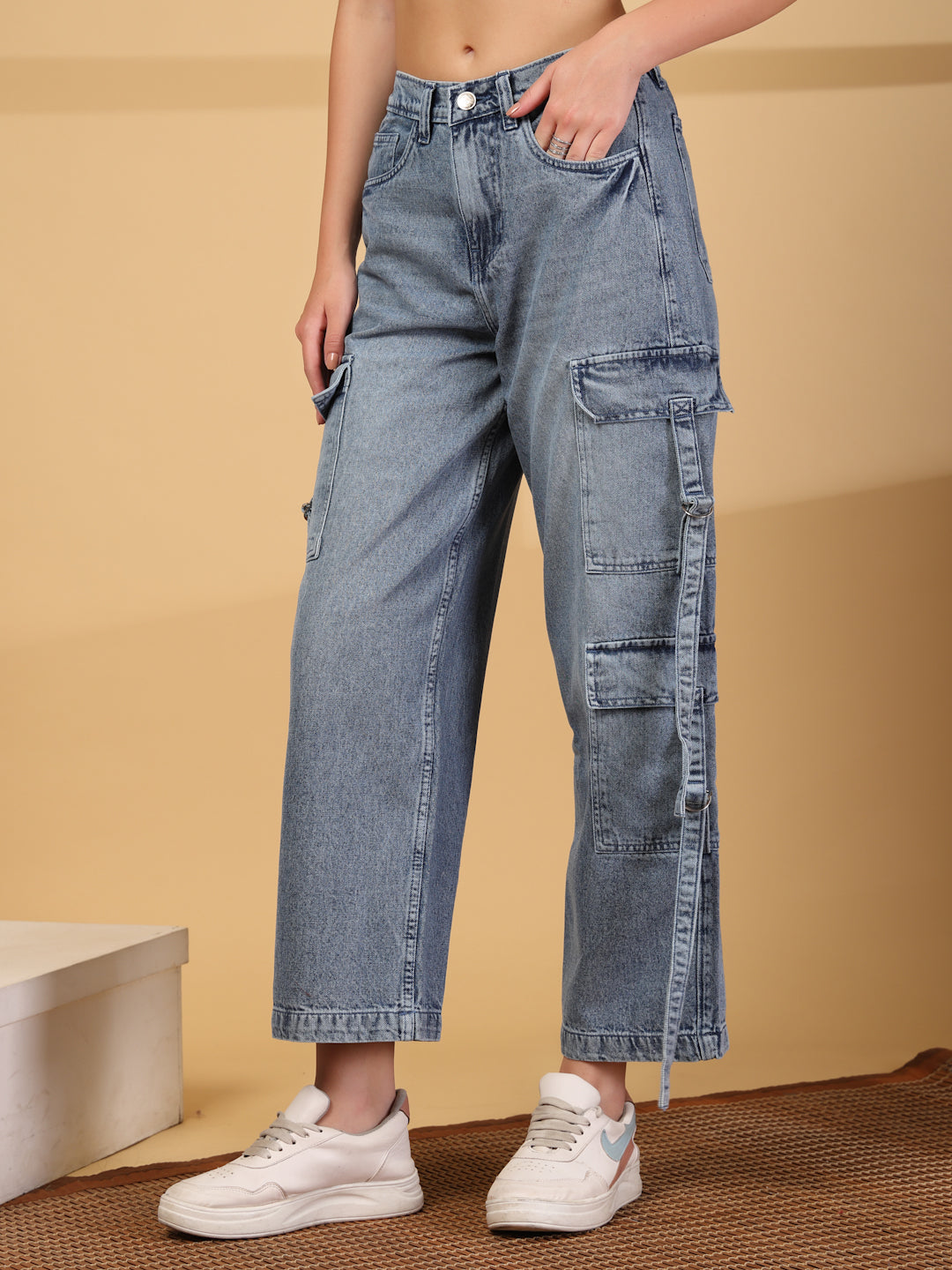 High-Rise Light Fade Cargo Jeans
