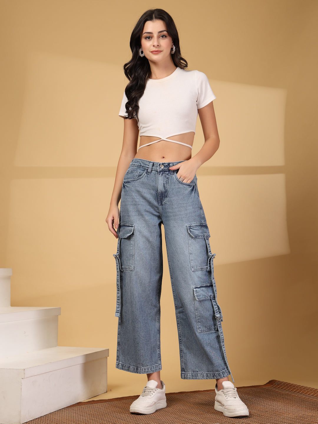 High-Rise Light Fade Cargo Jeans