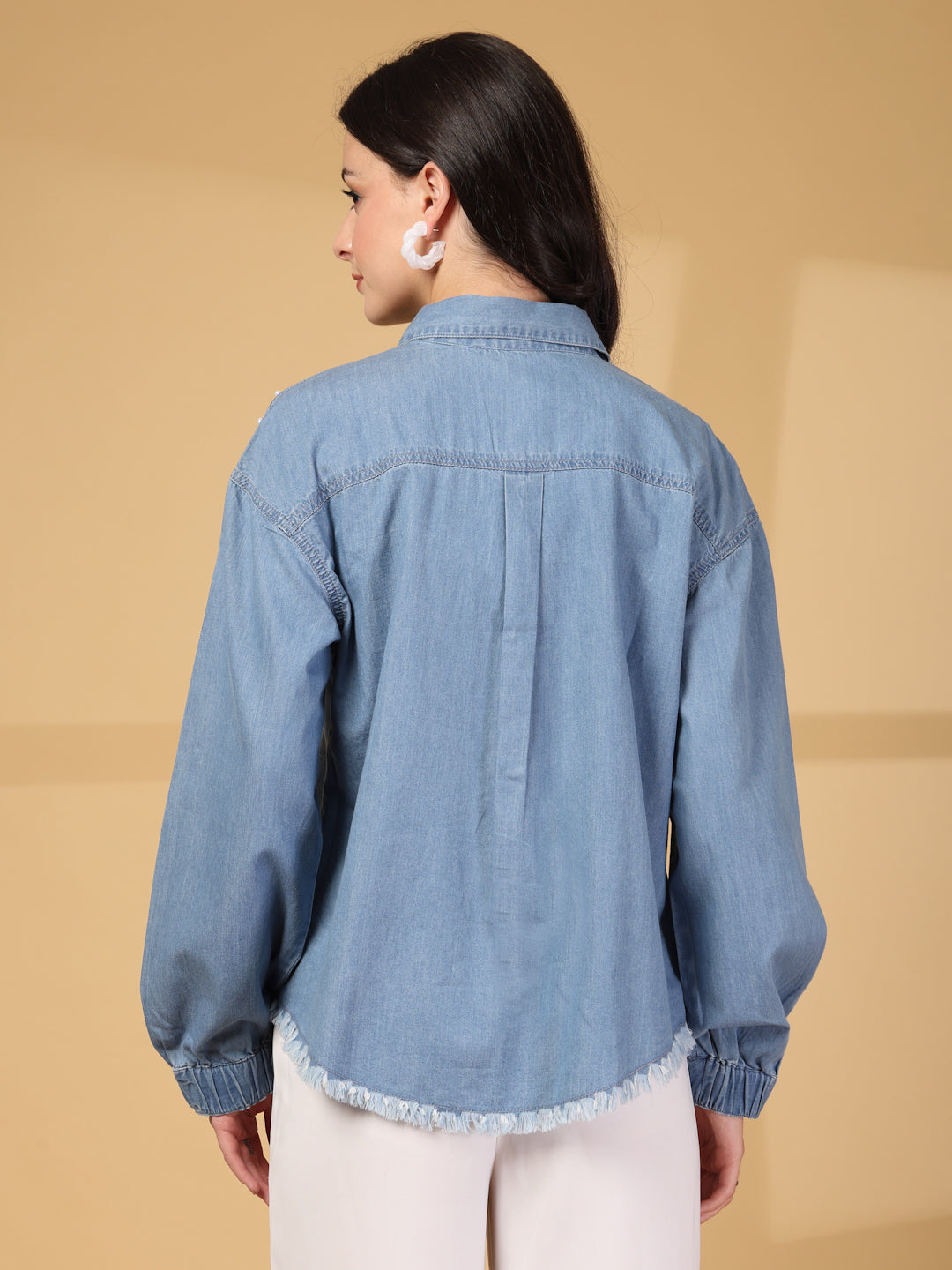 Bead Work Denim Shirt with Fringed Hem