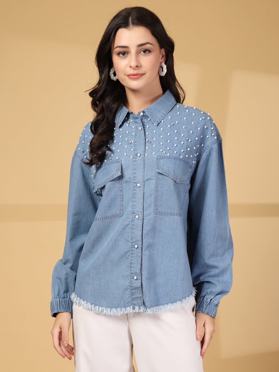 Bead Work Denim Shirt with Fringed Hem