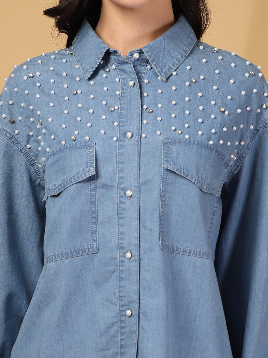 Bead Work Denim Shirt with Fringed Hem