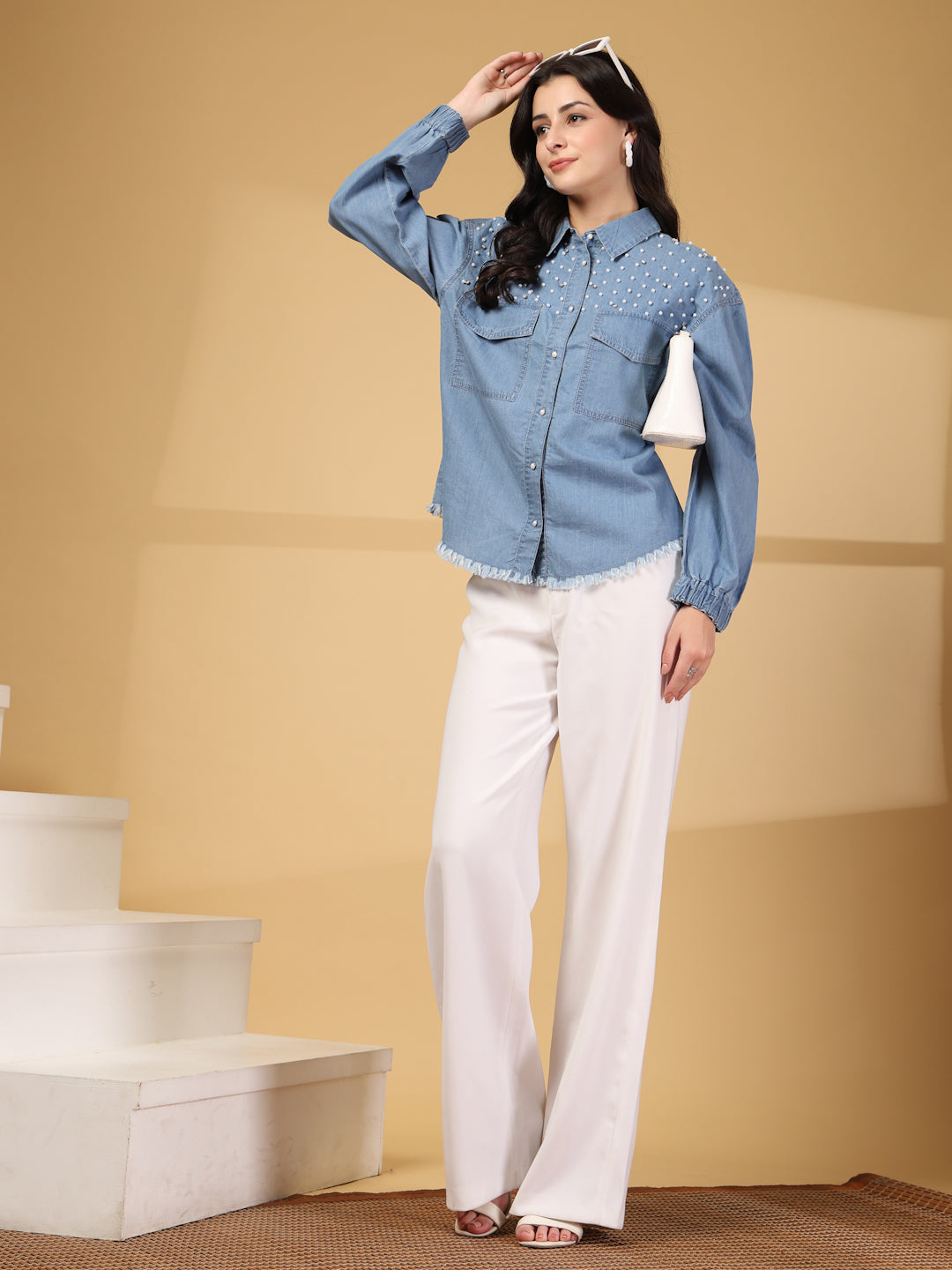 Bead Work Denim Shirt with Fringed Hem