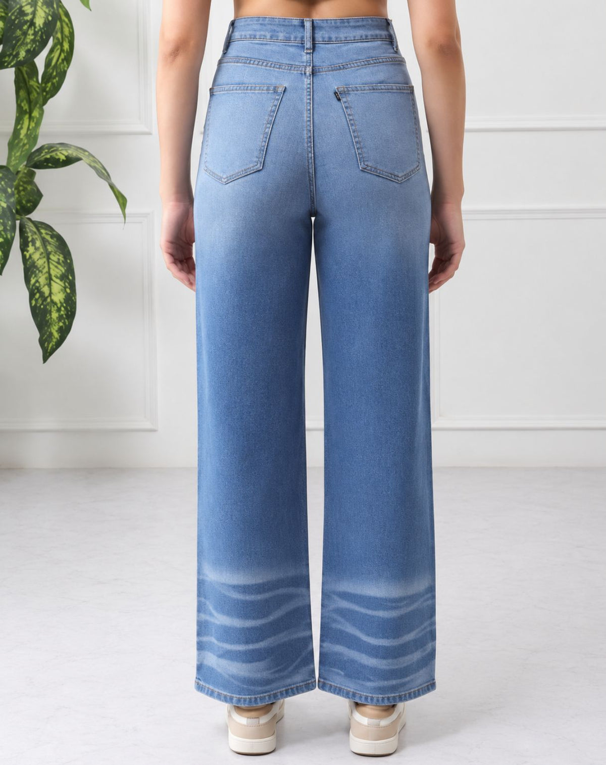 Women’s Blue Mid-Rise Wide Leg Jeans with Whisker Wash Detail