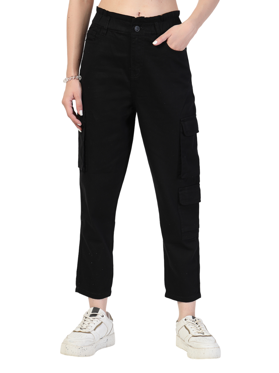 Black Cotton Fitted Cargos Style Trouser