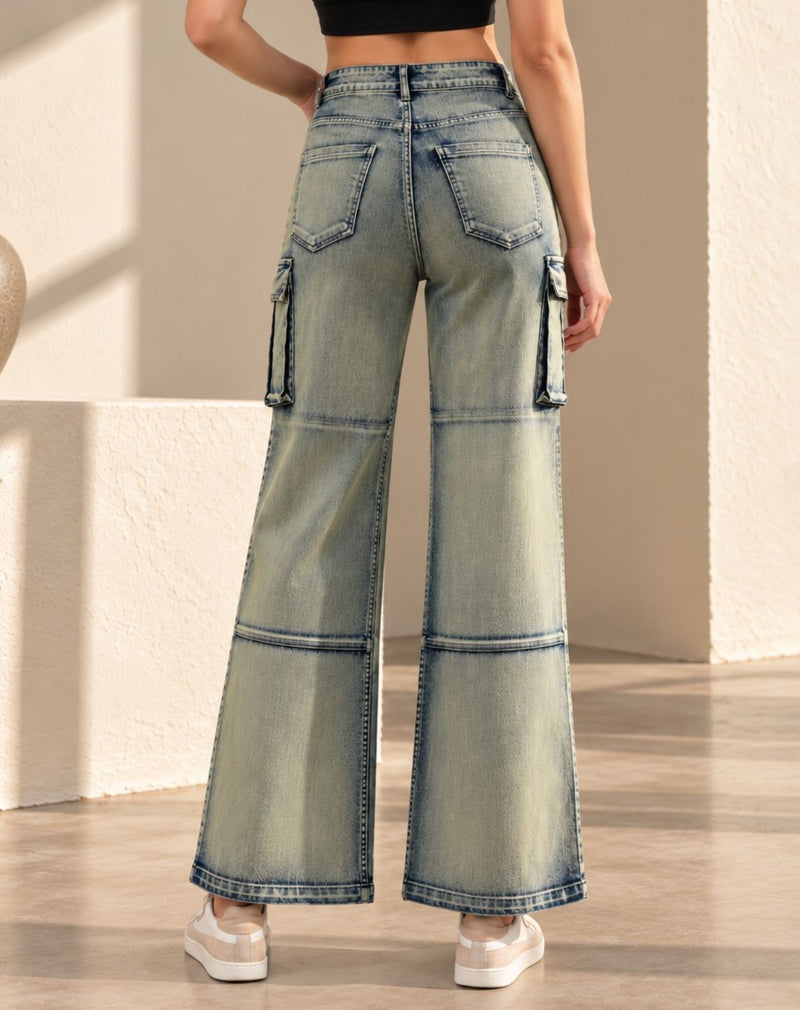 Women’s Washed  Sage Green Mid-Rise Straight Fit Cargo Jeans