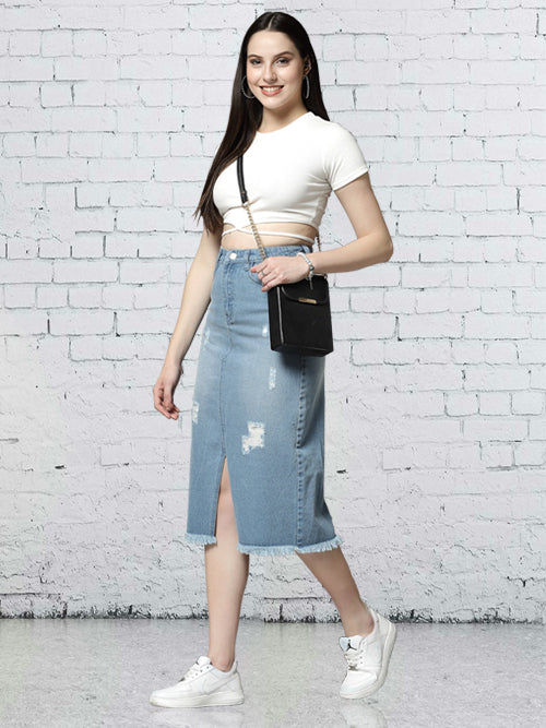 Women’s Knee Length Distressed Denim Skirt