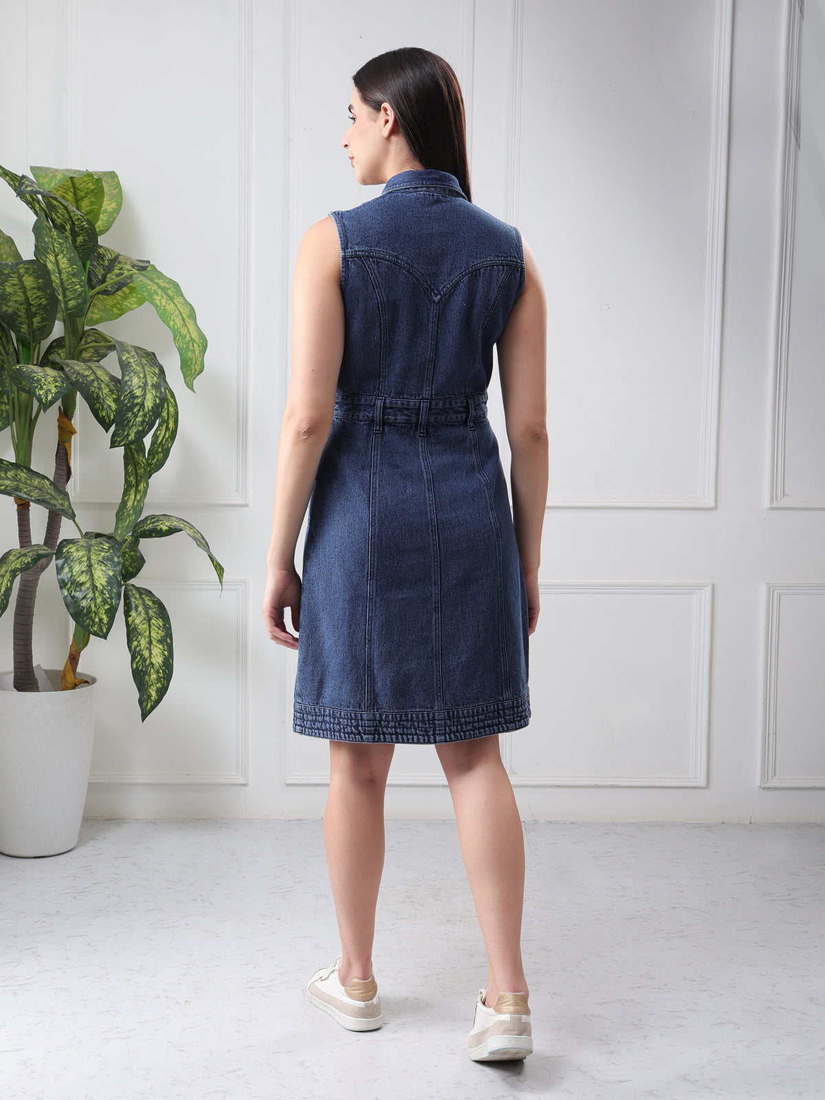 Women Blue Denim Sleeveless Shirt Dress with Button Closure