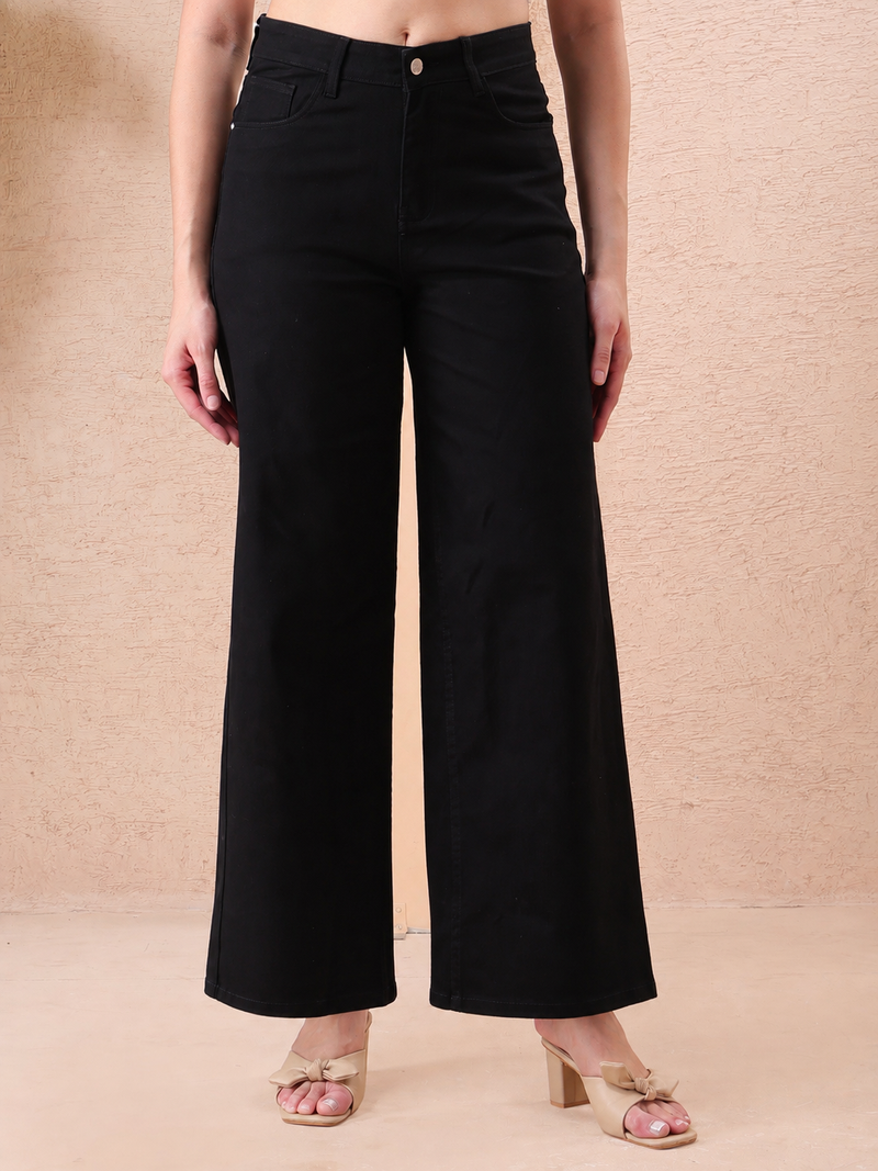 Women’s Black High-Rise Wide Leg Jeans with Floral Embroidered Pockets