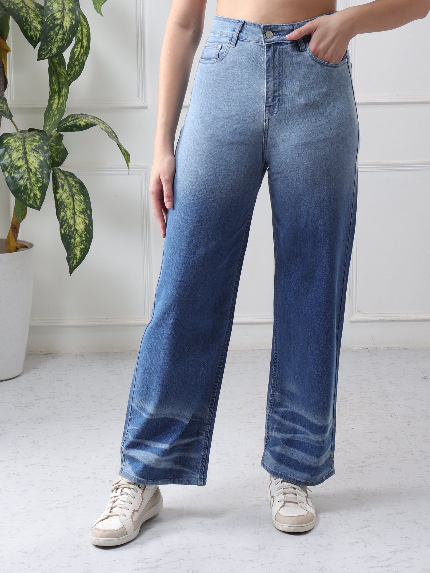 Women’s Blue Mid-Rise Wide Leg Jeans with Whisker Wash Detail