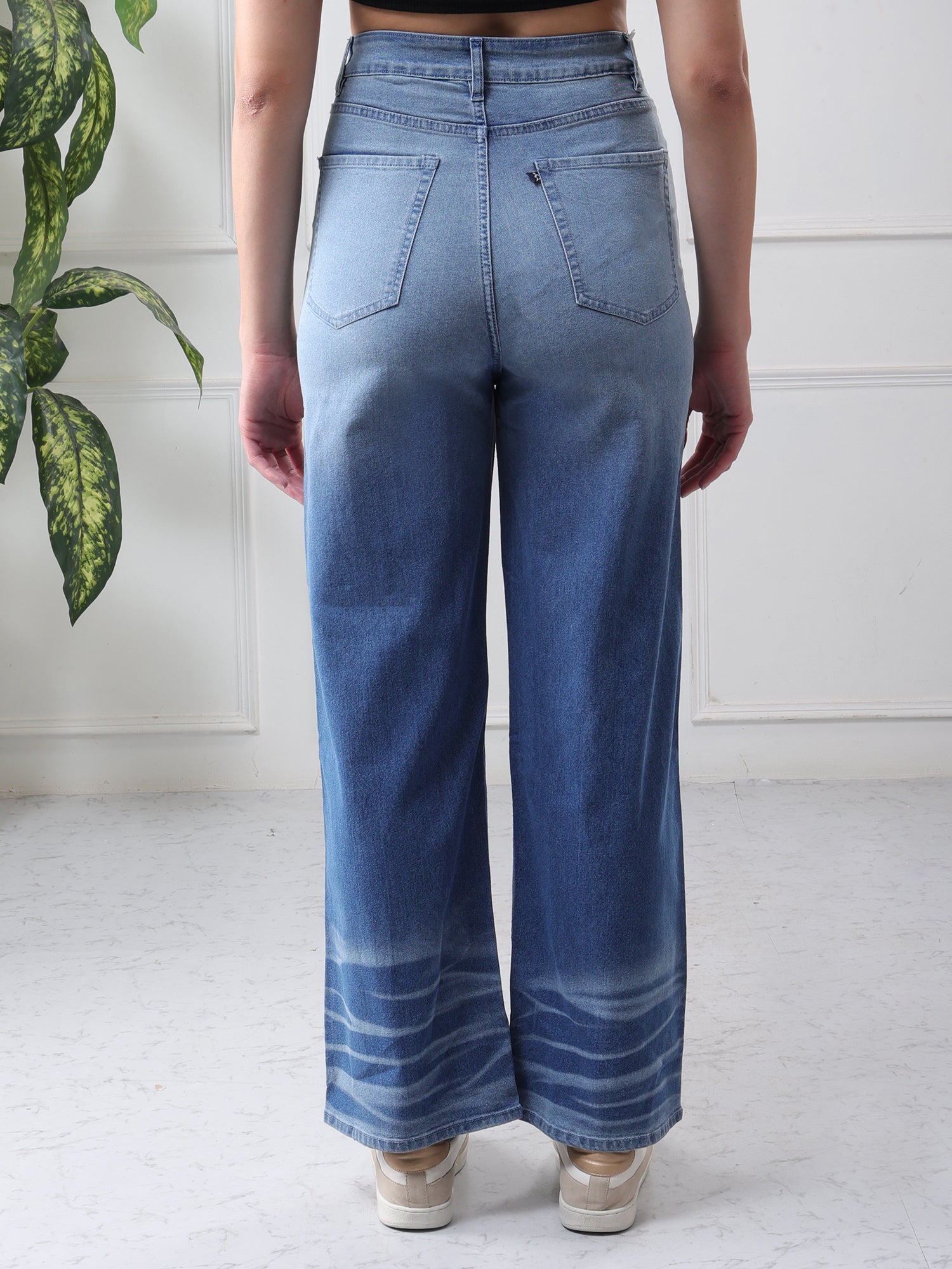 Women’s Blue Mid-Rise Wide Leg Jeans with Whisker Wash Detail