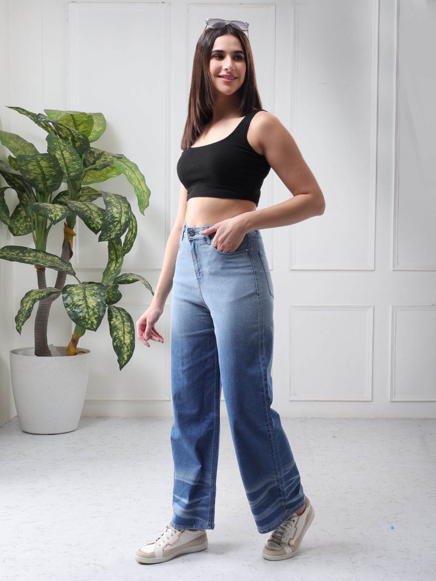 Women’s Blue Mid-Rise Wide Leg Jeans with Whisker Wash Detail