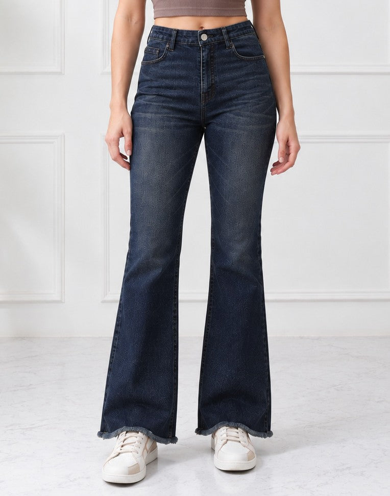 Women’s Blue Textured Fray Hem Bootcut Jeans
