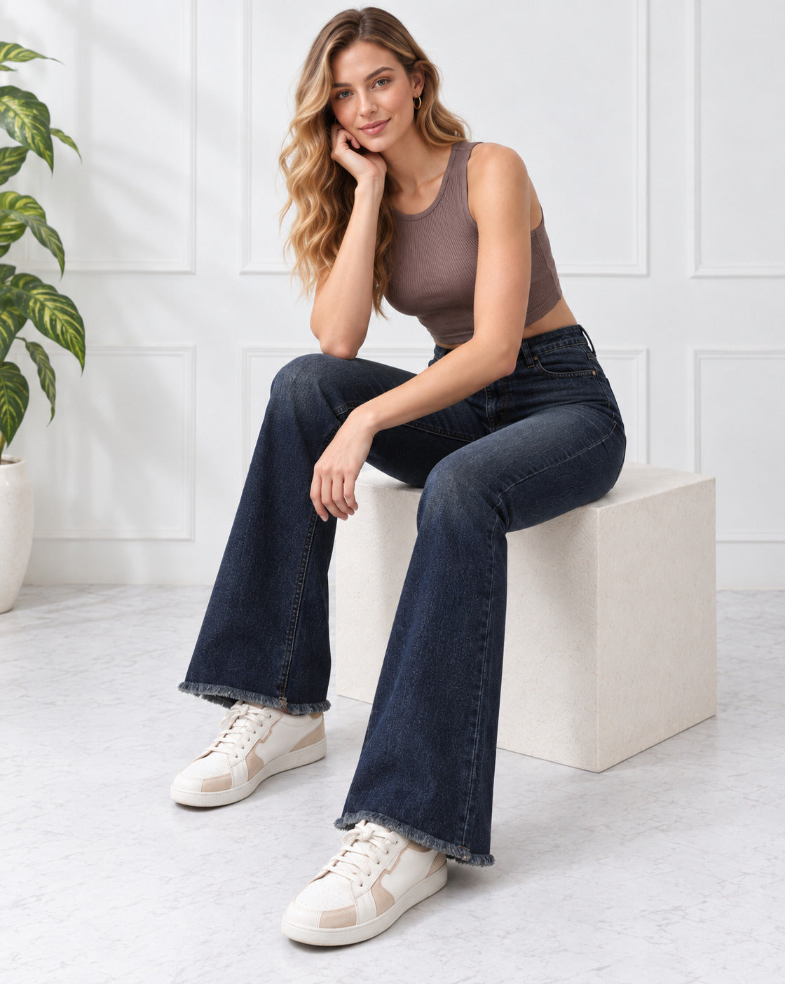 Women’s Blue Textured Fray Hem Bootcut Jeans