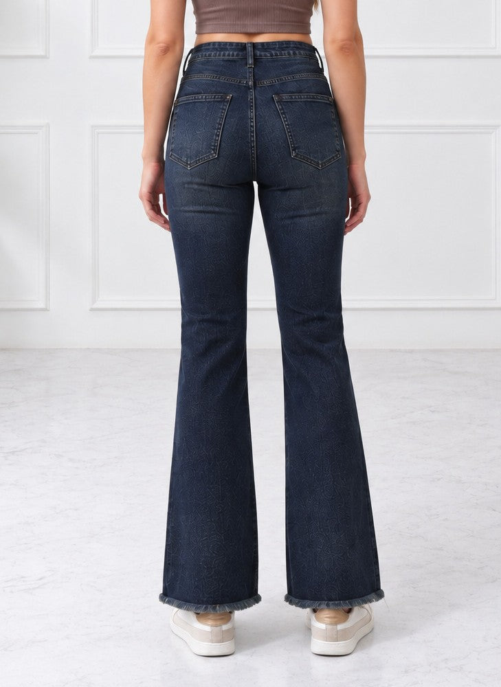 Women’s Blue Textured Fray Hem Bootcut Jeans